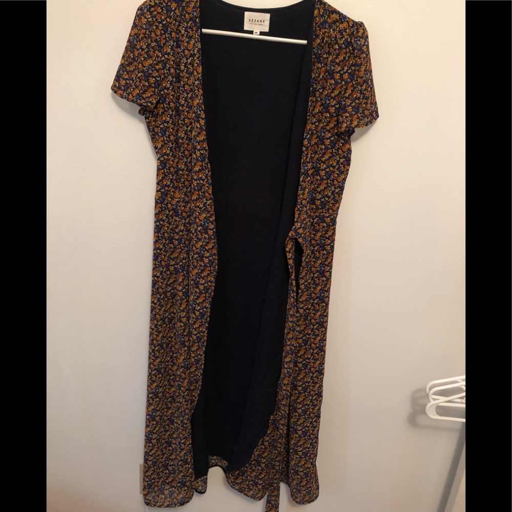 Sezane Navy floral wrap around midi dress